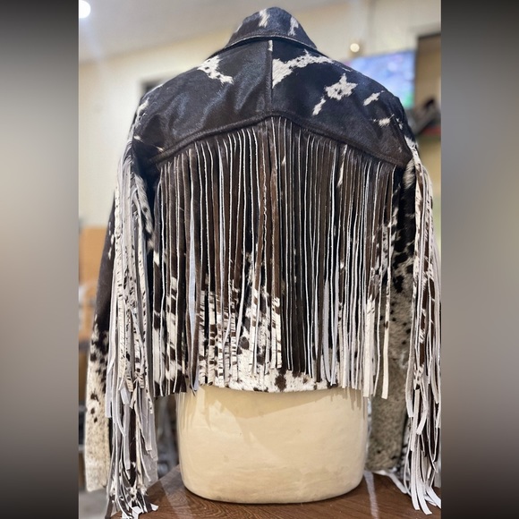 NEW CUSTOM London Fringe Dappled Pony Print Hair Calf Moto Jacket Black Brown L - Picture 4 of 11